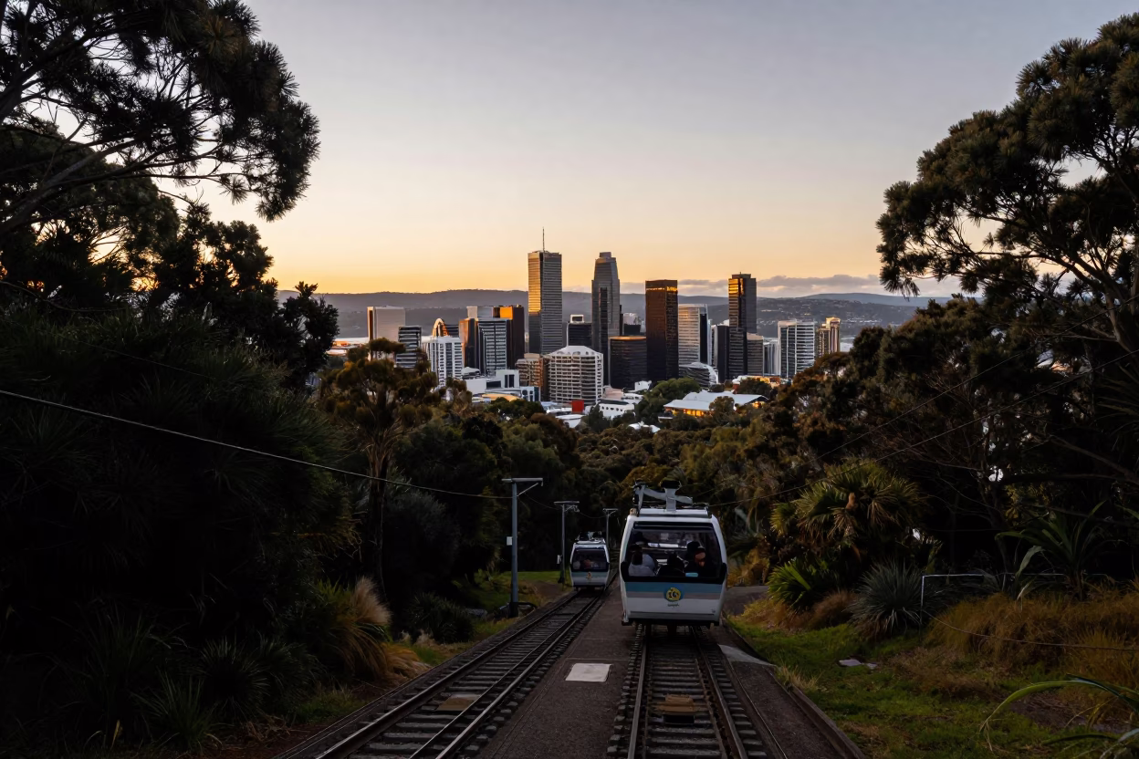 Funicular Climbing Mount Wellington Hill in Hobart at Sunset Light in in Hobart, Tasmania, Australia