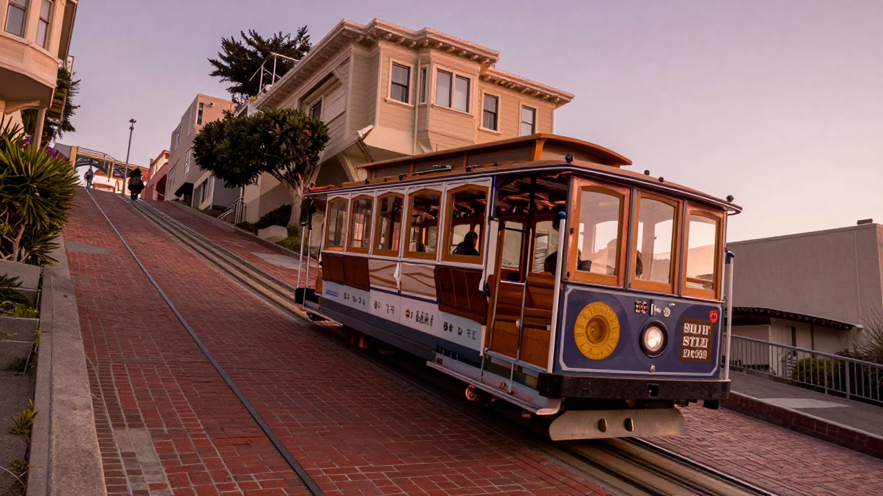 Funicular Climbing Steep Hill Before Dusk in San Francisco in in San Francisco, California, United States
