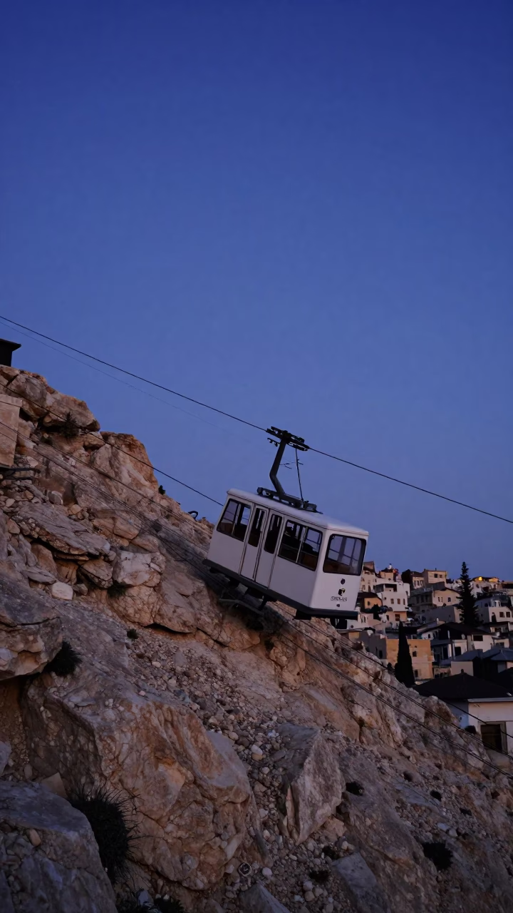 Funicular Climbing Steep Hill in Amman Jordan Before Dawn with Espresso Cup in in Amman, Jordan