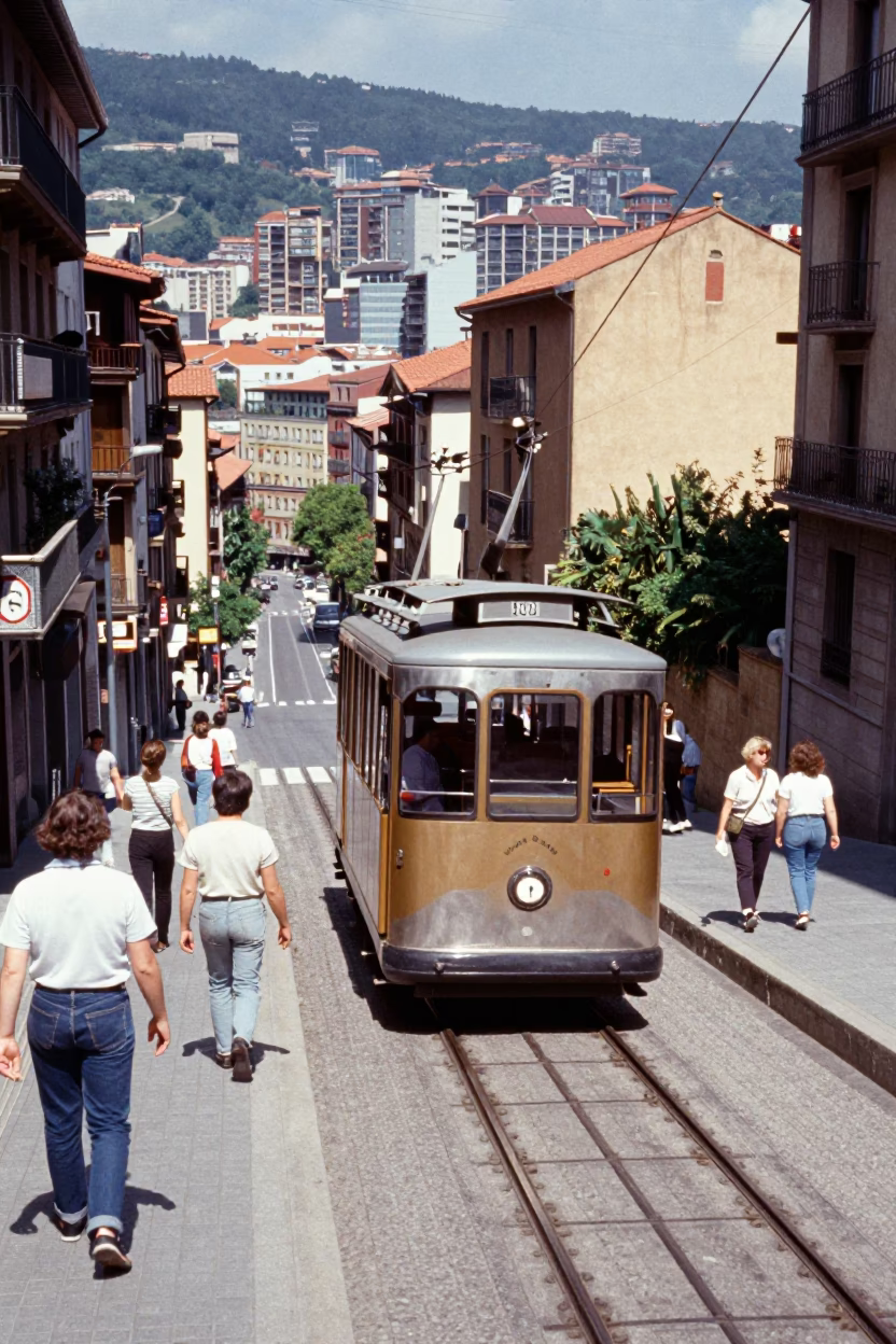 Funicular climbing steep hill in Bilbao Spain midday candid street scene in in Bilbao, Spain