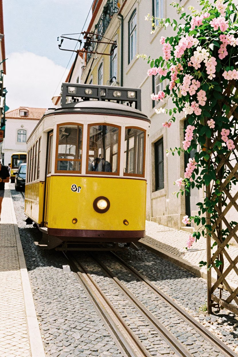 Funicular climbing steep hill in bright midmorning light Lisbon Portugal with sweet pea trellis in in Lisbon, Portugal