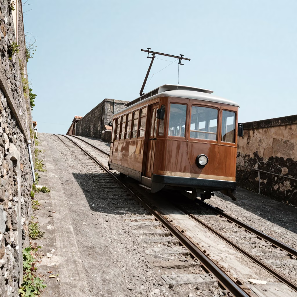 Funicular climbing steep hill in bright midmorning light Naples Italy street scene in in Naples, Italy