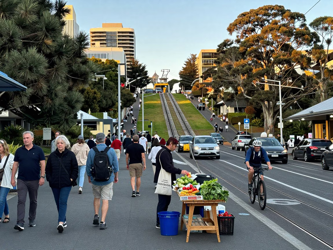Funicular climbing steep hill in Hobart Tasmania early afternoon busy street scene in in Hobart, Tasmania, Australia