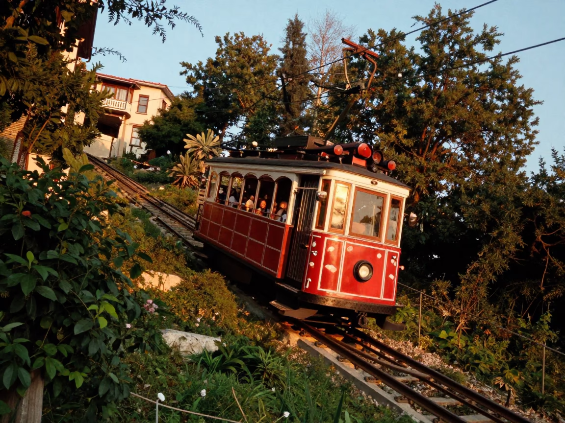 Funicular Climbing Steep Hill in Izmir Turkey During Honeyed Evening Light in in Izmir, Turkey