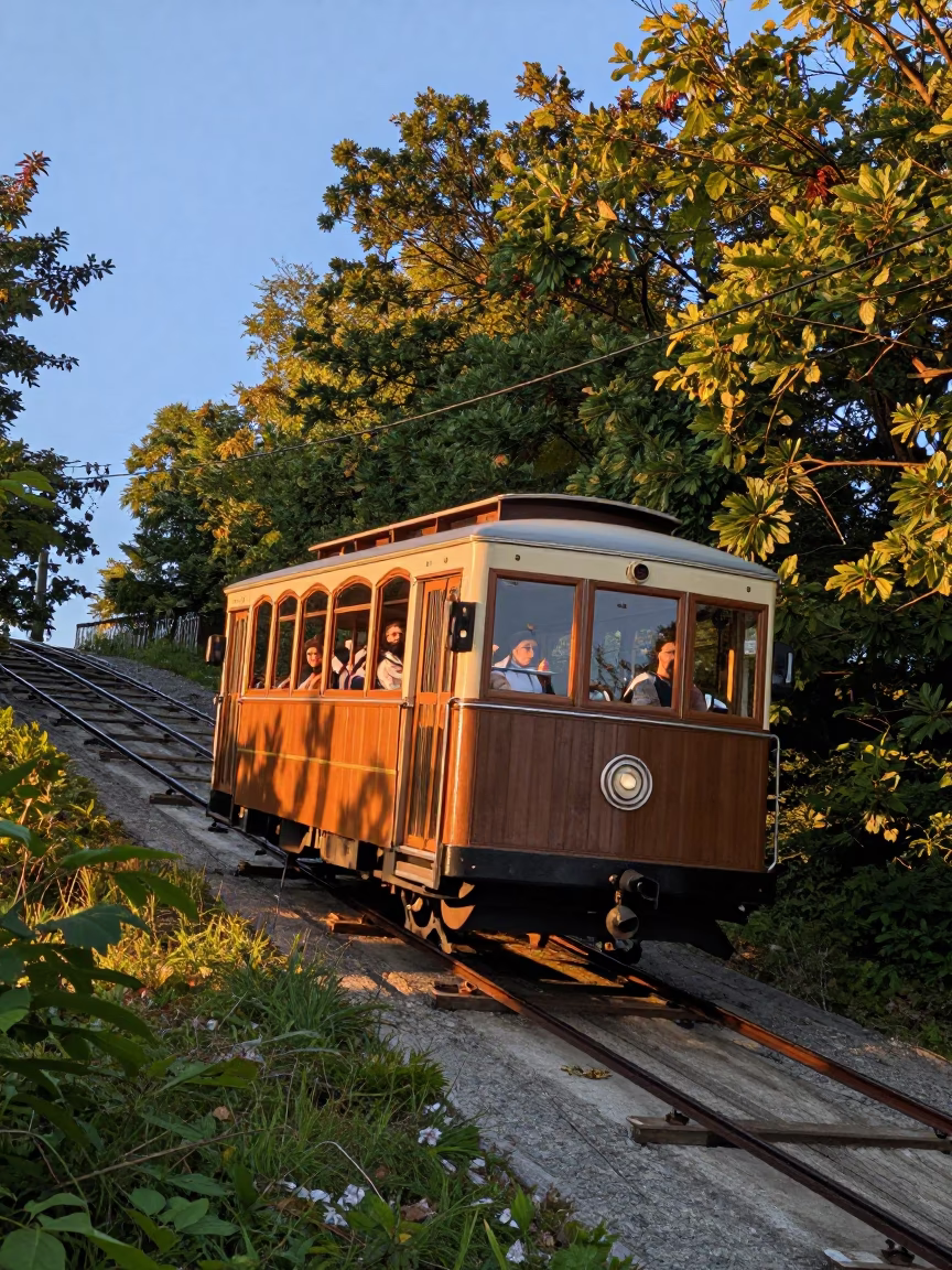 Funicular Climbing Steep Hill in Montreal at Golden Hour in in Montreal, Quebec, Canada