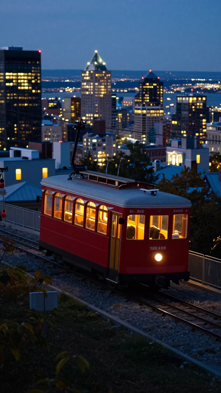 Funicular Climbing Steep Hill in Montreal Quebec Canada at Dusk in in Montreal, Quebec, Canada