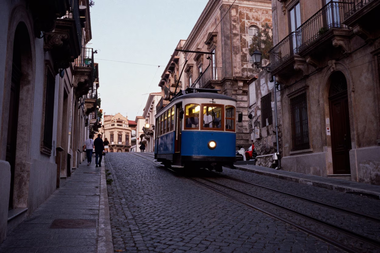 Funicular Climbing Steep Hill in Palermo Italy Early Evening Street Scene in in Palermo, Italy