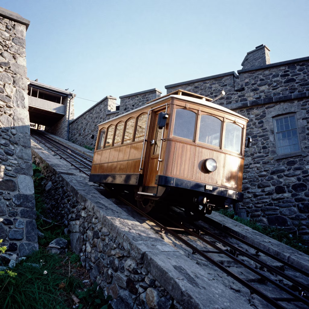 Funicular Climbing Steep Hill in Quebec City Late Morning Historic District in in Quebec City, Quebec, Canada