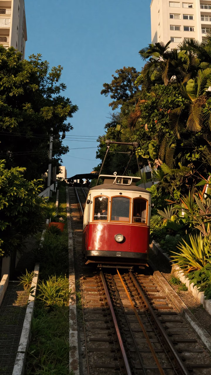 Funicular climbing steep hill in Sao Paulo Brazil late afternoon urban landscape in in São Paulo, Brazil