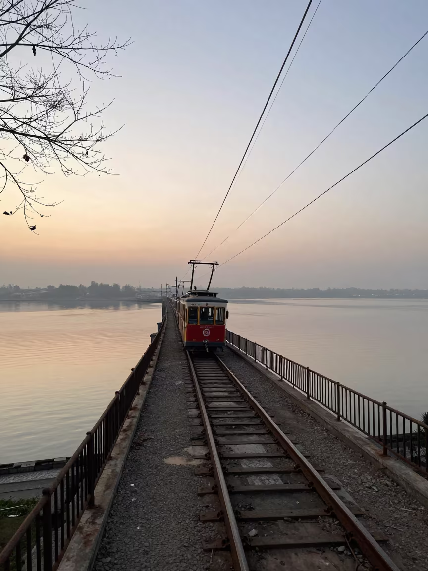 Funicular Climbing Steep Hill at Twilight in on a wind-open causeway near Baghdad