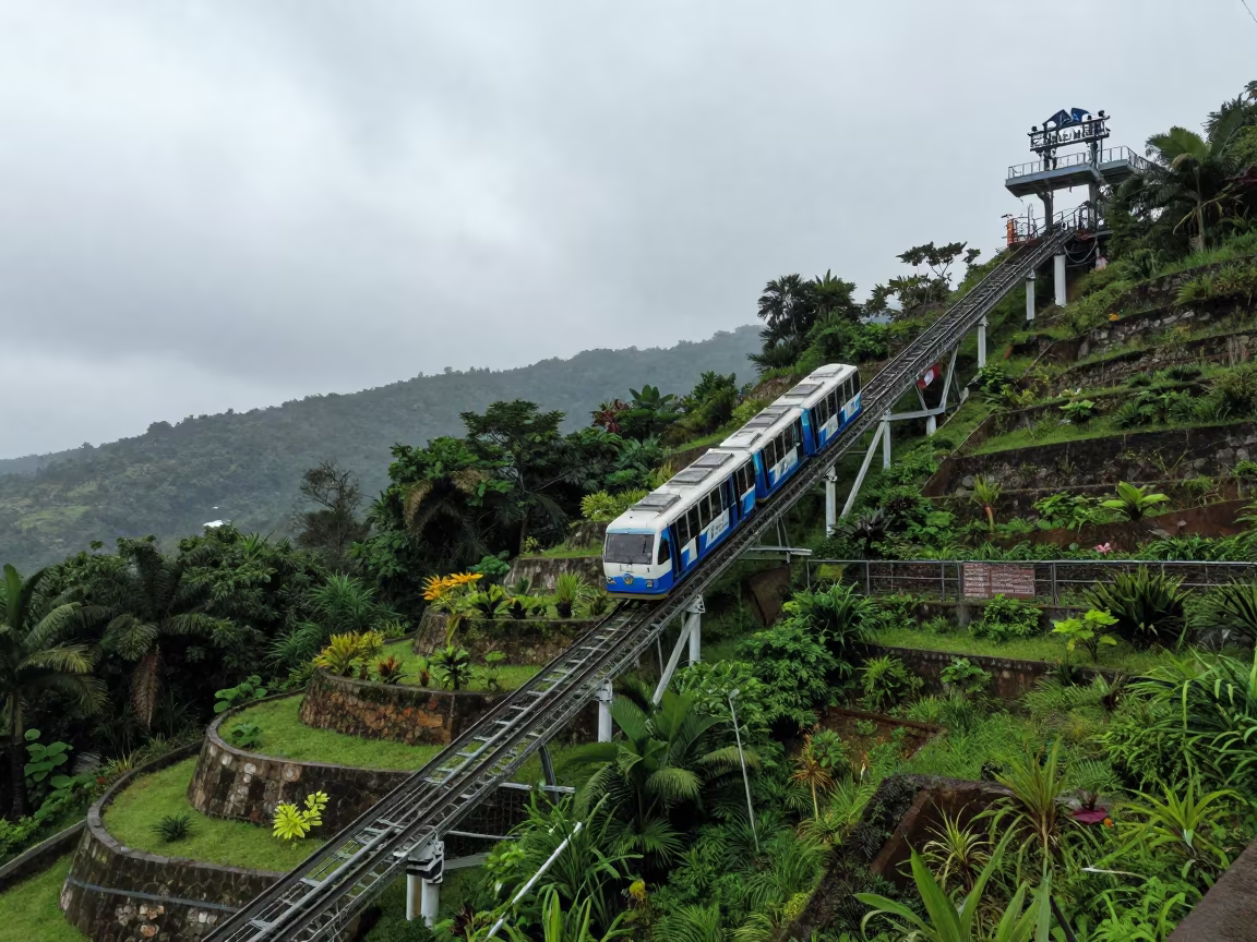 Funicular Climbs Terraced Gardens Near Ferry in across a remote ferry crossing near Minatitlán
