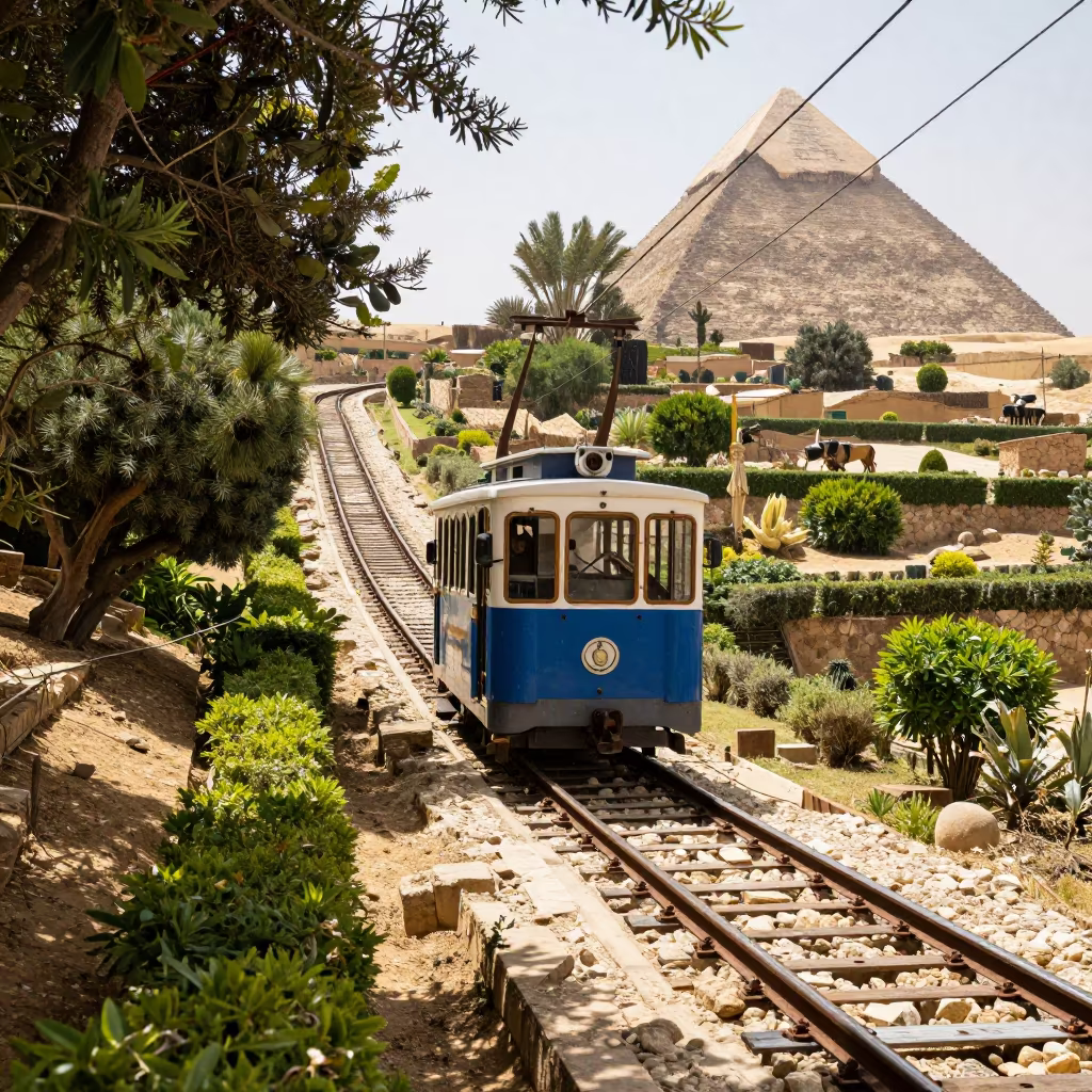 Funicular Climbs Terraced Gardens Near Giza in along a switchback approach near Giza