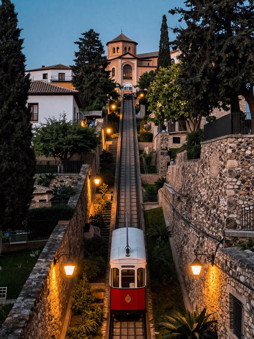 Funicular de San Nicolas Rising Through Terraced Gardens at Dusk in Granada Spain in in Granada, Spain
