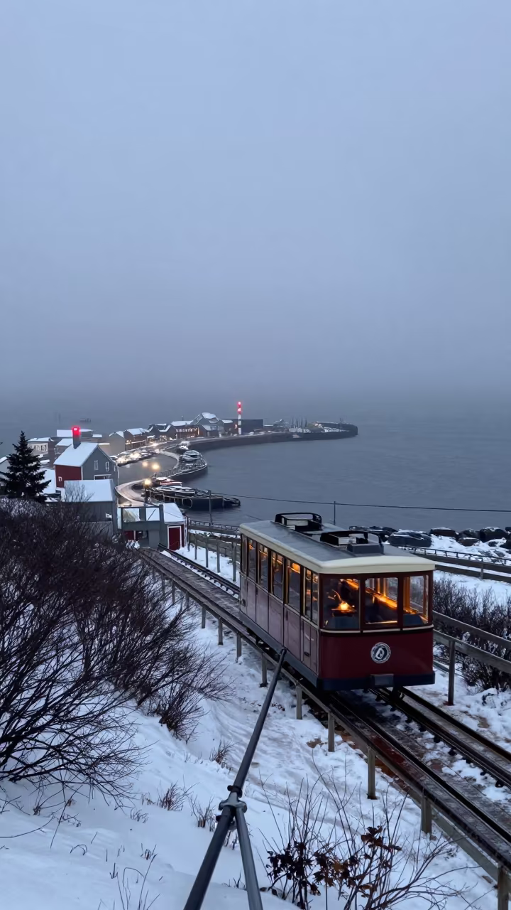 Funicular at Night on Foggy PEI Cliffside in beside a fogbound harbor mouth in Prince Edward Island