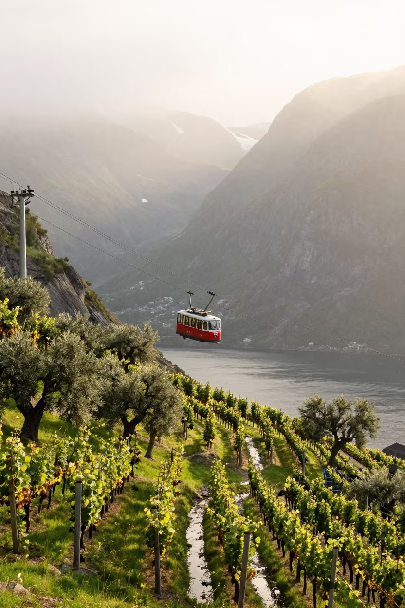 Funicular Rises Past Olive Groves in Norwegian Fjords in between vineyard trellises in the Fjords of Norway