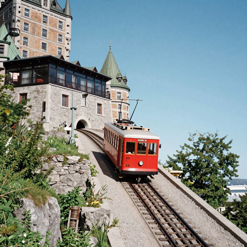Funicular Railway Approaching Cliffside Restaurant in Quebec City Under Flat Noon Light in in Quebec City, Quebec, Canada