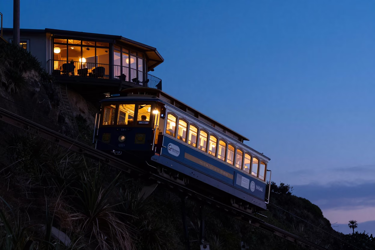 Funicular Railway Approaching Cliffside Restaurant in San Diego in in San Diego, California, United States