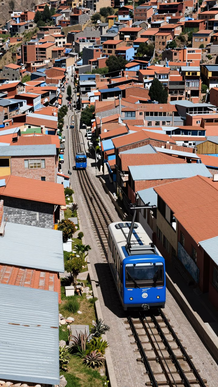 Funicular railway ascending steep Andean slopes in La Paz Bolivia midday in in La Paz, Bolivia