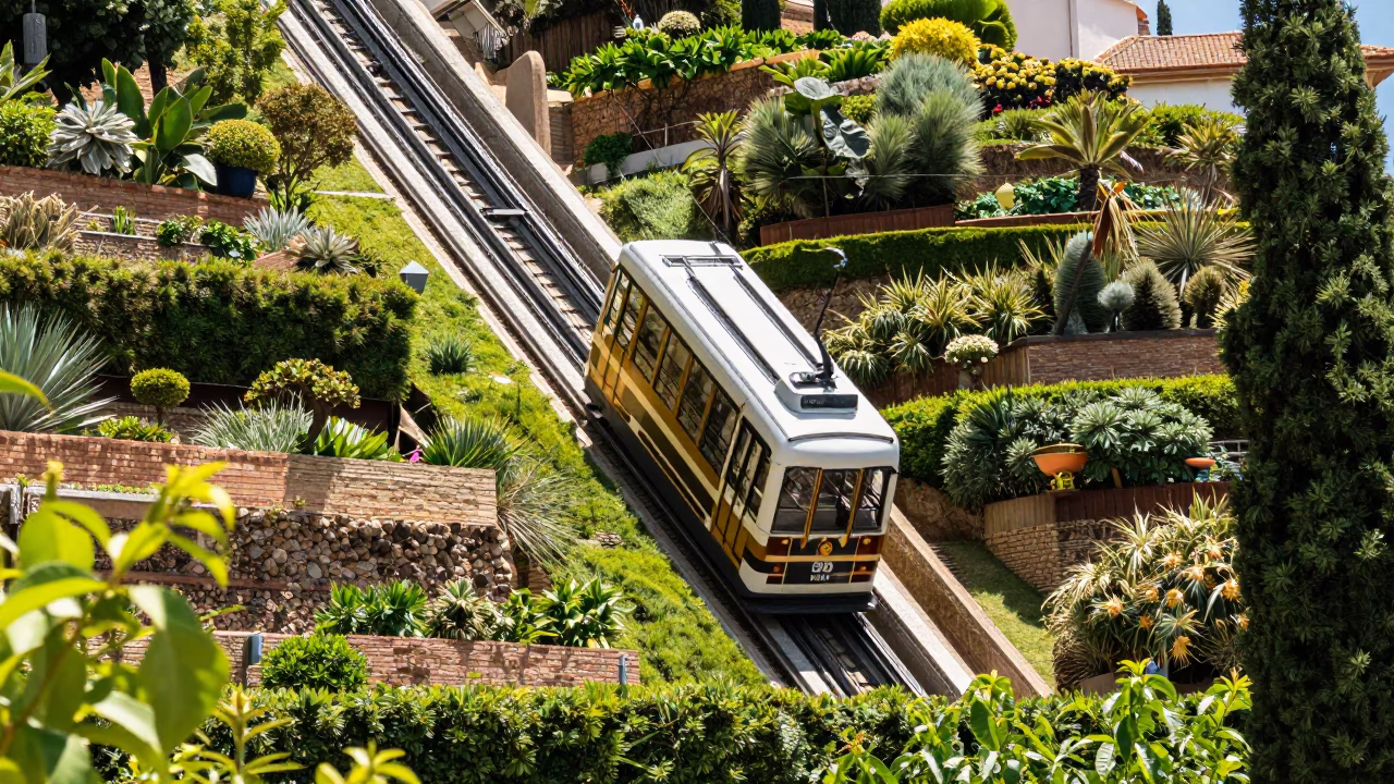 Funicular Railway Ascending Steep Terraced Gardens in Bright Midmorning Valencia Spain in in Valencia, Spain