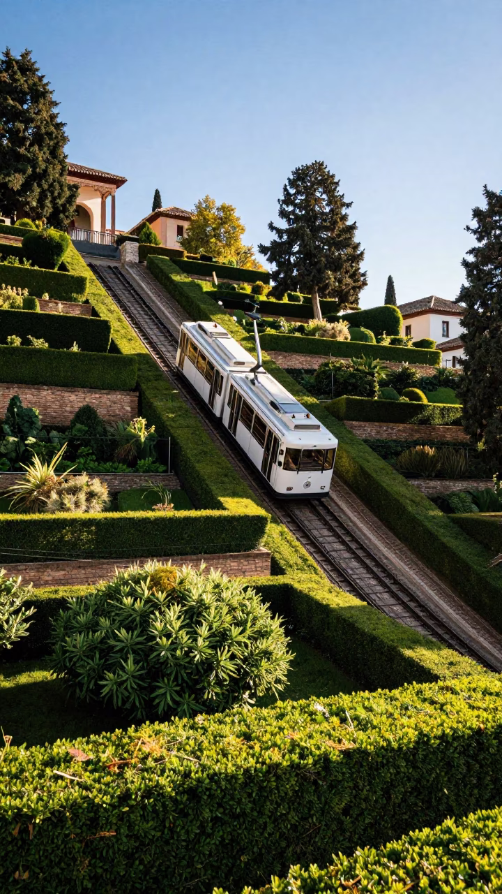 Funicular Railway Ascending Steep Terraced Gardens in Granada Spain Late Morning Light in in Granada, Spain