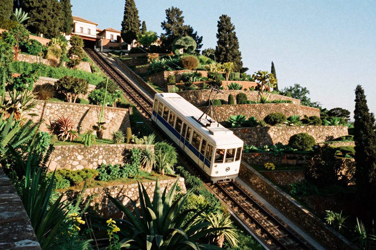 Funicular Railway Ascending Steep Terraced Gardens in Late Afternoon Granada Spain in in Granada, Spain