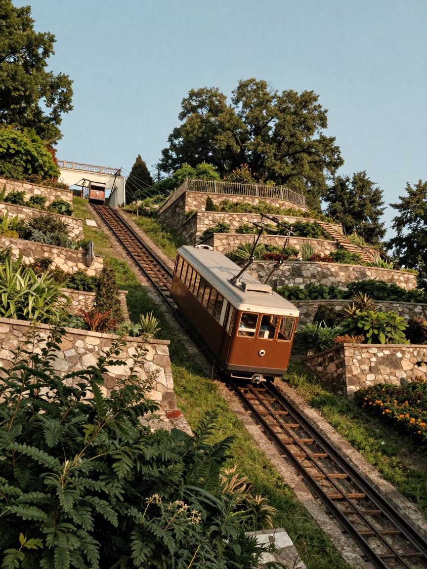 Funicular Railway Ascending Steep Terraced Gardens in Late Afternoon Krakow Poland in in Krakow, Poland