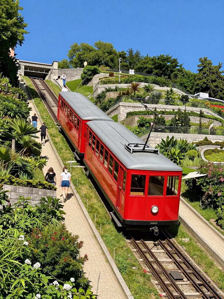 Funicular Railway Ascending Steep Terraced Gardens in Midday Lyon France in in Lyon, France