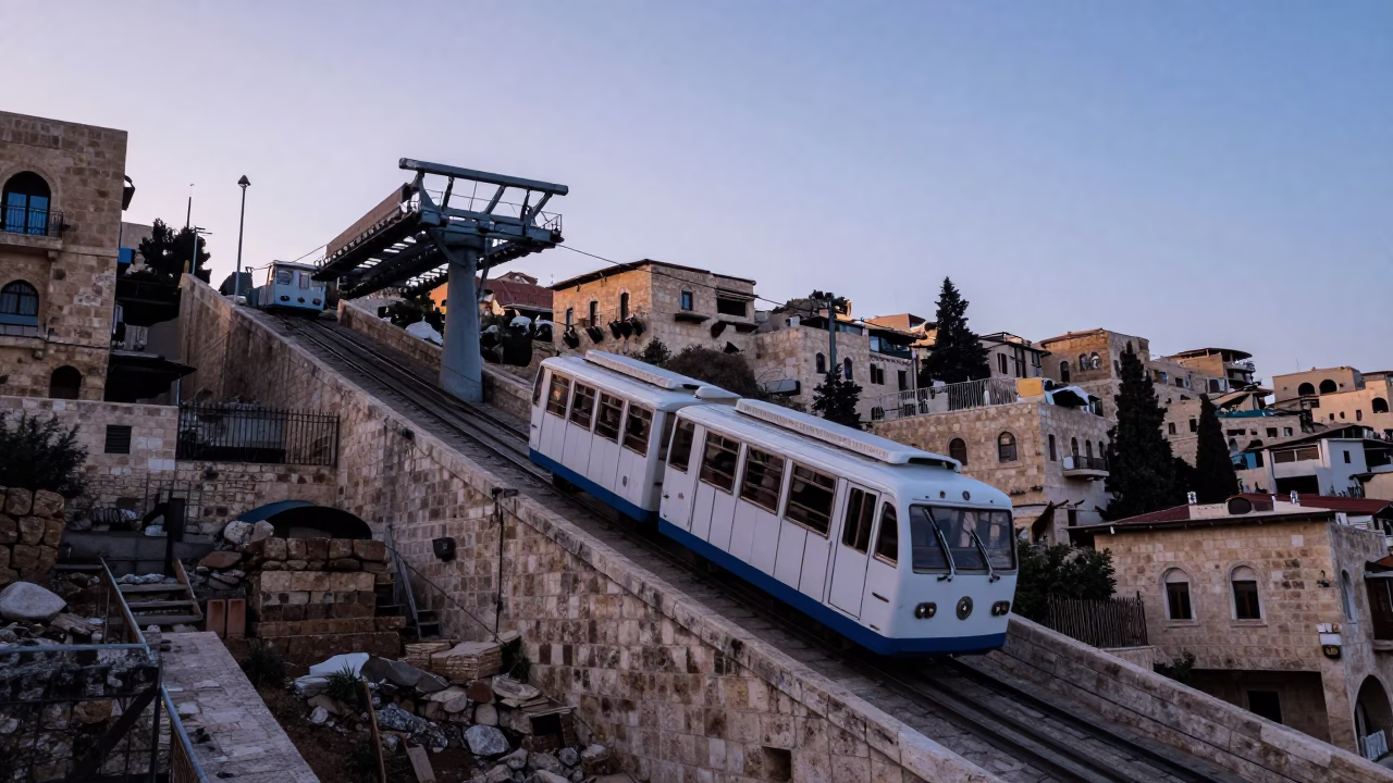 Funicular Railway Ascent in Pre-Dawn Amman Jordan with Stone Architecture in in Amman, Jordan