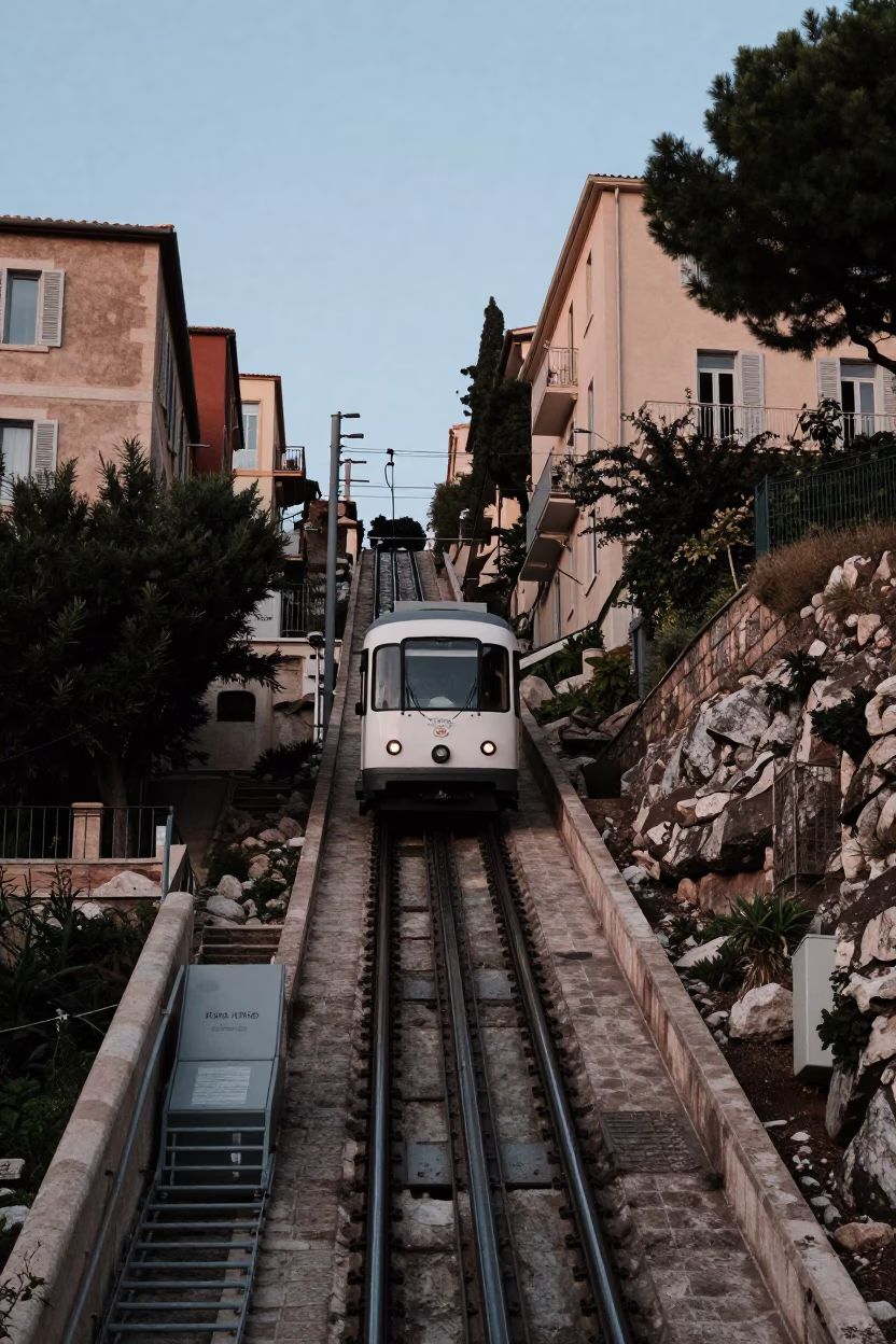 Funicular Railway Car Climbing Steep Hillside in Marseille France Early Evening Light in in Marseille, France