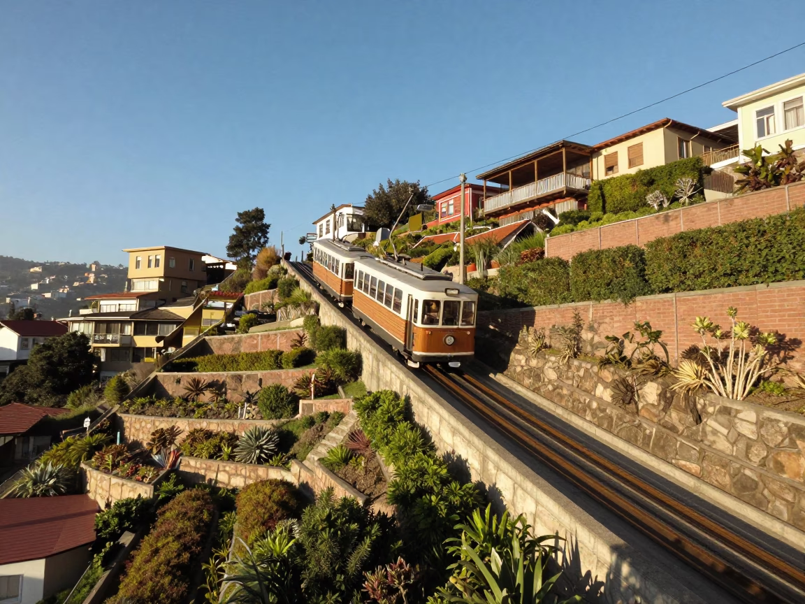 Funicular Railway Car Climbing Steep Terraced Hillsides in Valparaiso Chile Late Afternoon in in Valparaiso, Chile