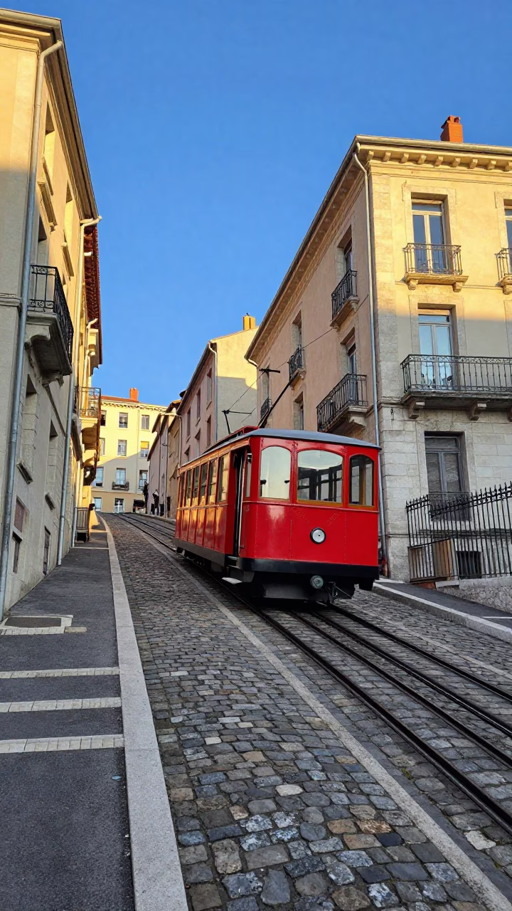 Funicular Railway Climbing Lyon Hill in Late Afternoon Light with Street Scene in in Lyon, France