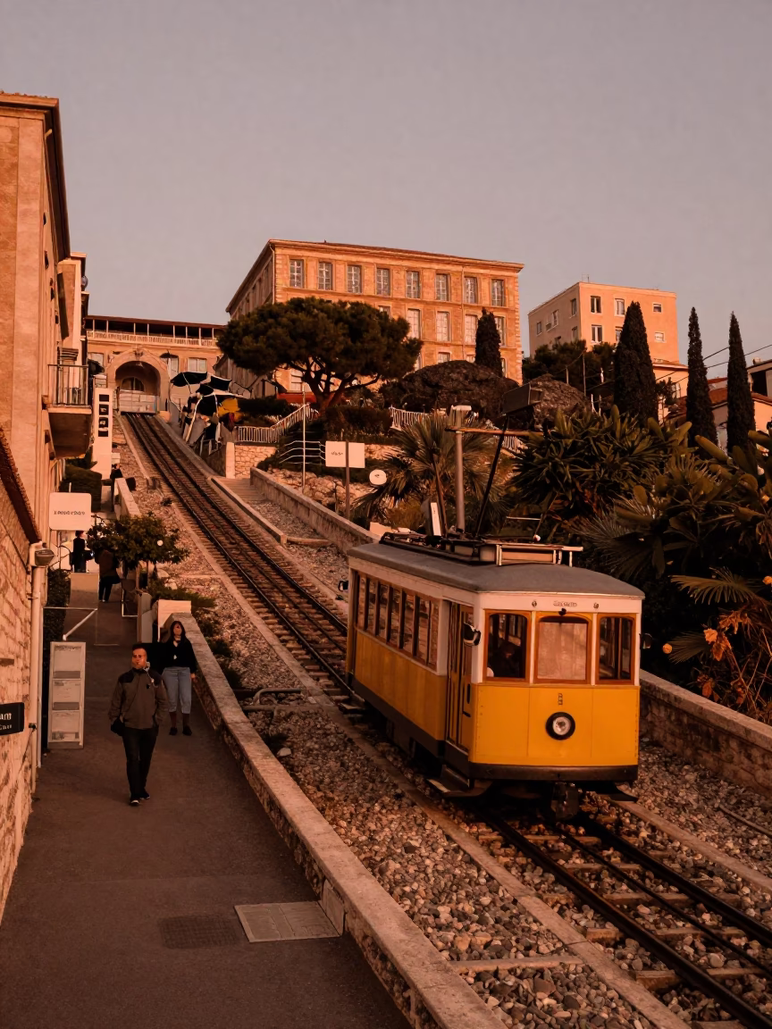 Funicular Railway Climbing Marseille Hillside in Copper Dusk Light in in Marseille, France