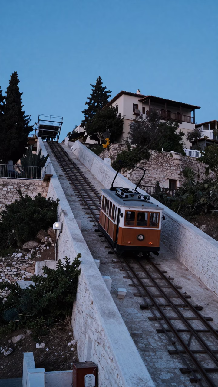 Funicular Railway Climbing Steep Athens Hillside at Nautical Dawn in Greece in in Athens, Greece