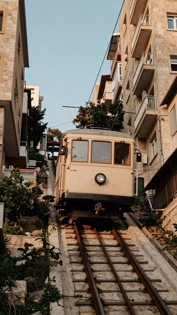 Funicular Railway Climbing Steep Beirut Hillside in Early Afternoon Light in in Beirut, Lebanon