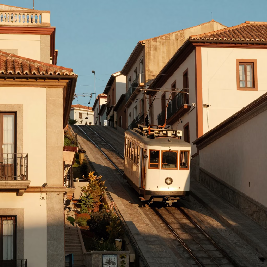 Funicular Railway Climbing Steep Hill in Madrid Late Afternoon Light in in Madrid, Spain