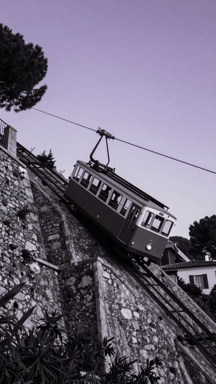Funicular Railway Climbing Steep Hill in Nice France During Indigo Twilight in in Nice, France