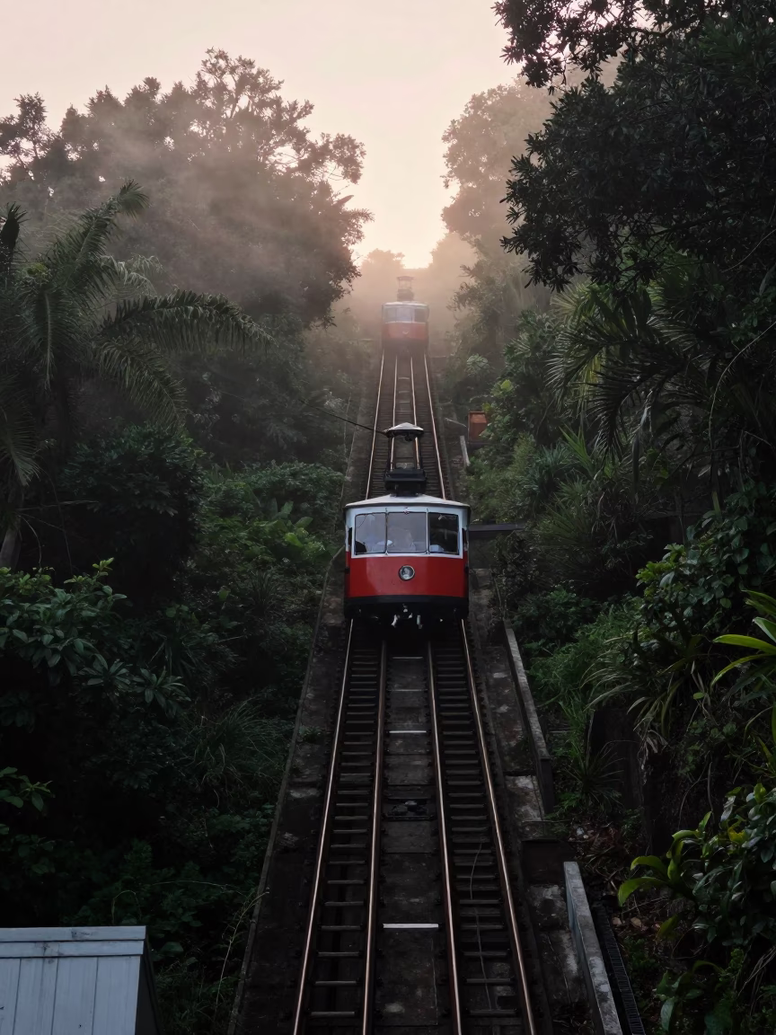 Funicular Railway Climbing Steep Hill in Pre-Dawn Hong Kong Morning Light in in Hong Kong, Hong Kong