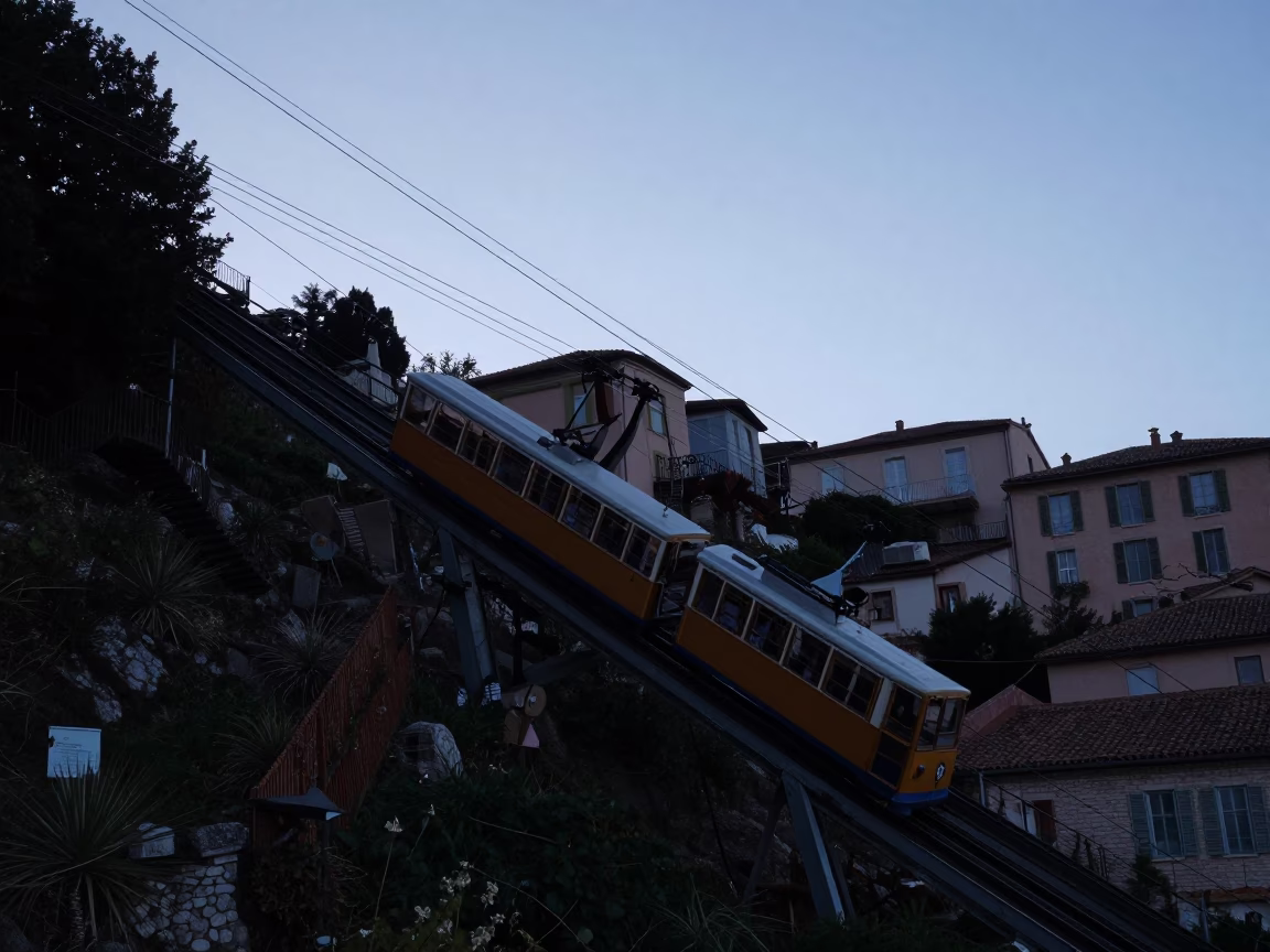 Funicular Railway Climbing Steep Hill in Predawn Darkness Over Nice France Cityscape in in Nice, France