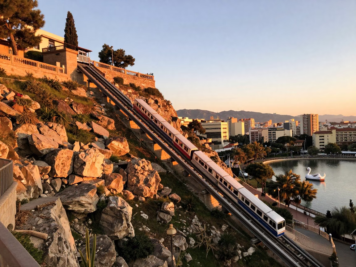 Funicular Railway Climbing Steep Hillside at Sunset Light in Valencia in in Valencia, Spain