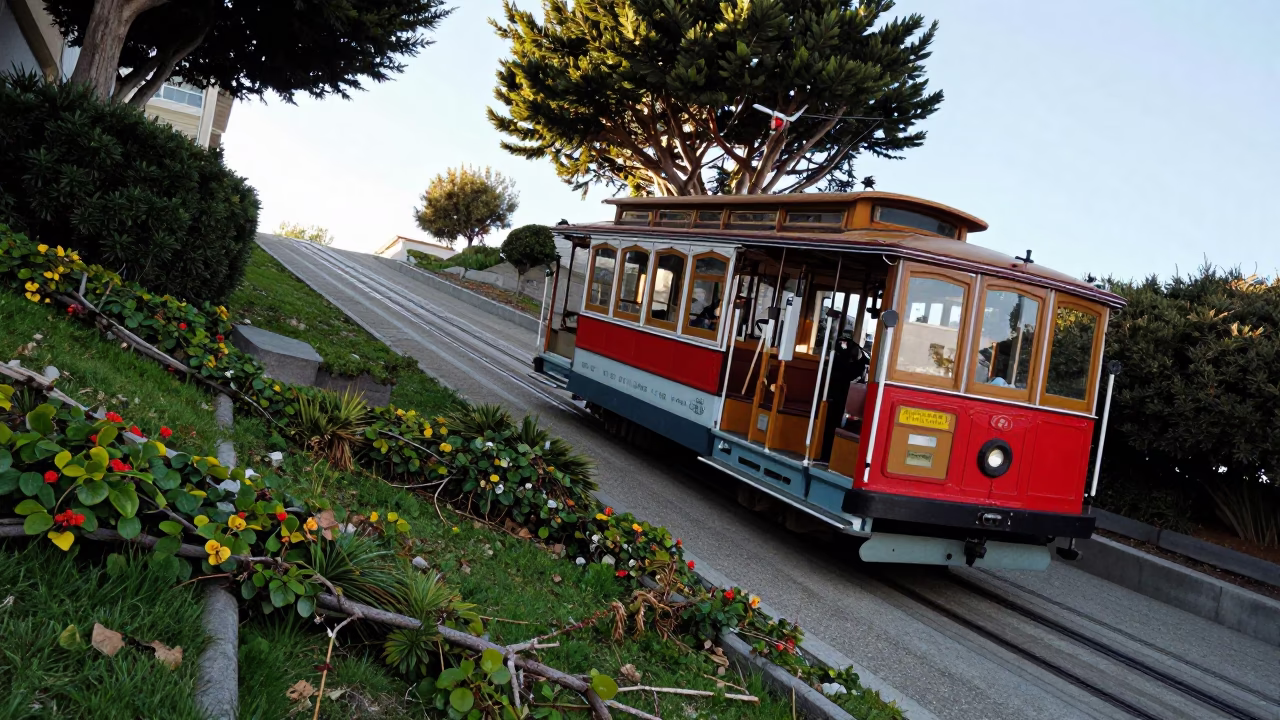 Funicular Railway Climbing Steep San Francisco Hill with Vine Dappled Sunlight in Late Morning in in San Francisco, California, United States