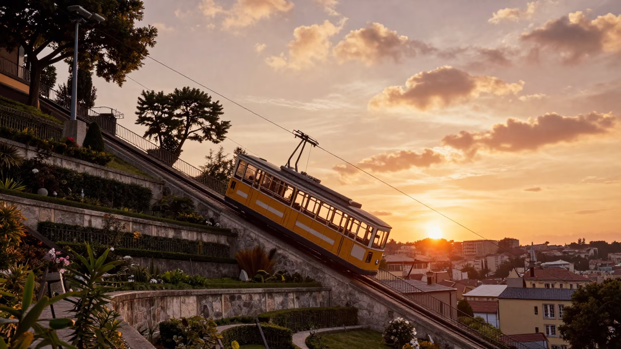 Funicular Railway Rising Through Terraced Gardens at Sunset in Lyon France in in Lyon, France