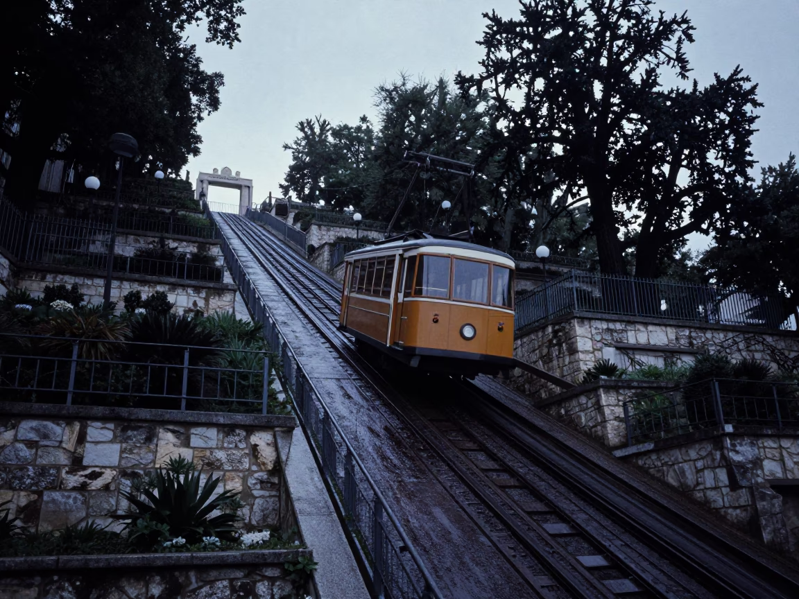 Funicular Railway Rising Through Terraced Gardens in Predawn Lyon France in in Lyon, France
