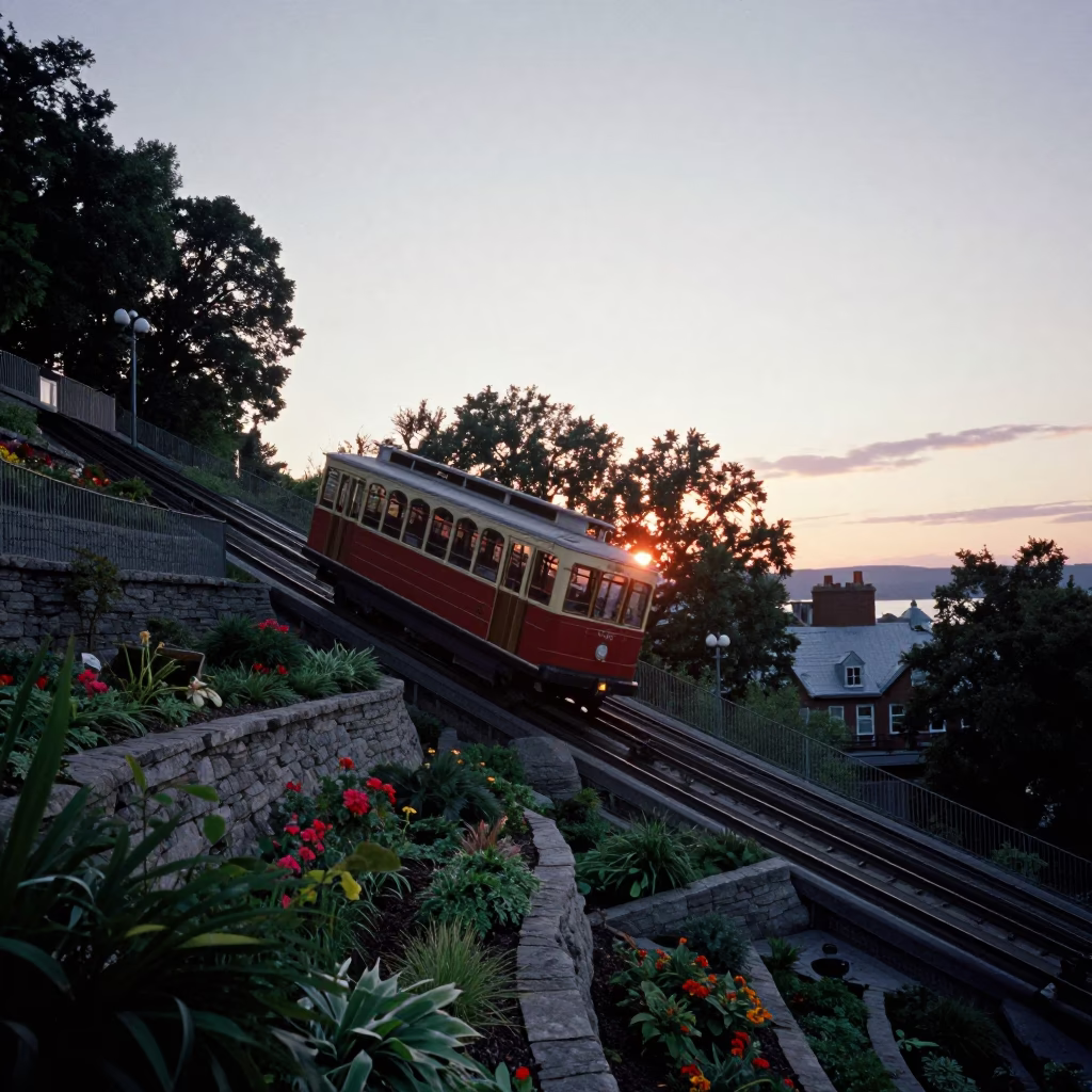 Funicular Railway Rising Through Terraced Gardens in Quebec City at Sunset in in Quebec City, Quebec, Canada