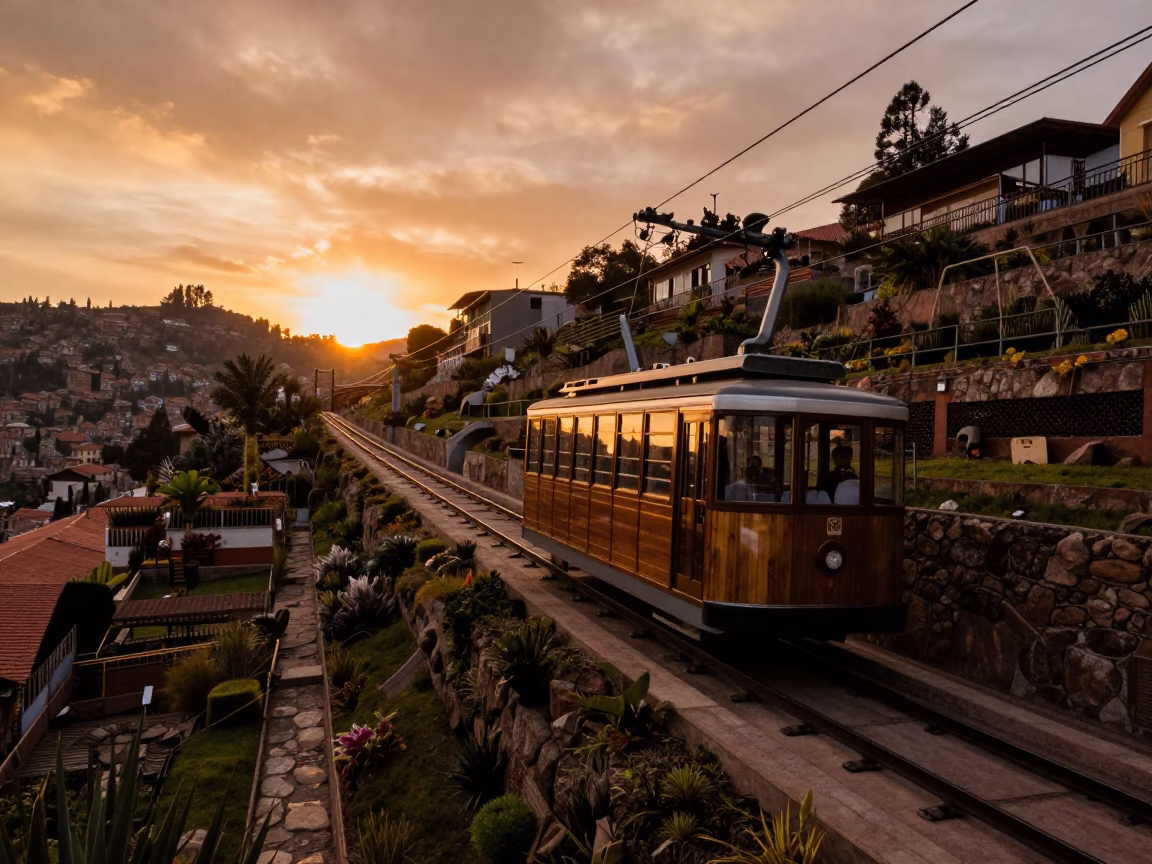Funicular rising through steep terraced gardens in La Paz Bolivia at sunset in in La Paz, Bolivia