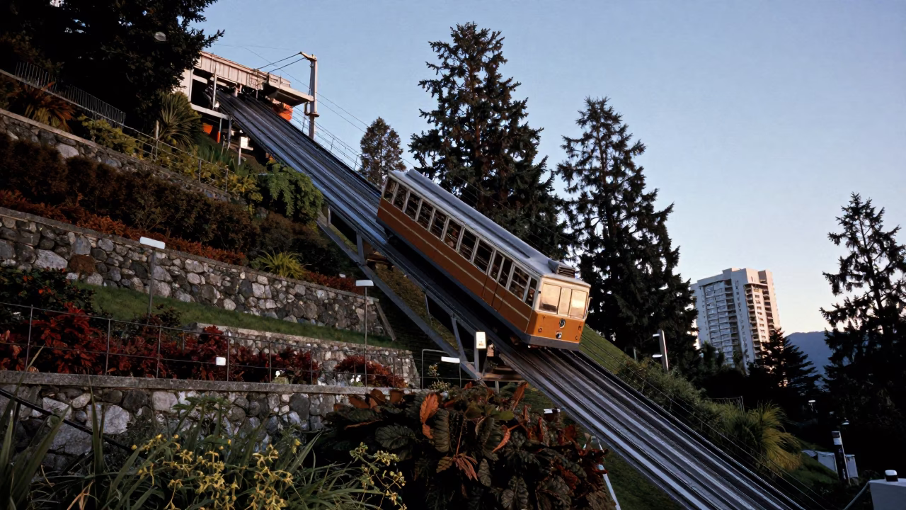 Funicular Rising Through Steep Terraced Gardens in Vancouver in in Vancouver, British Columbia, Canada