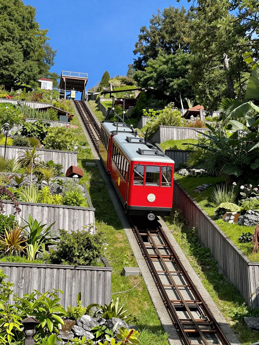 Funicular rising through steeply terraced gardens in Bergen Norway at midday in in Bergen, Norway