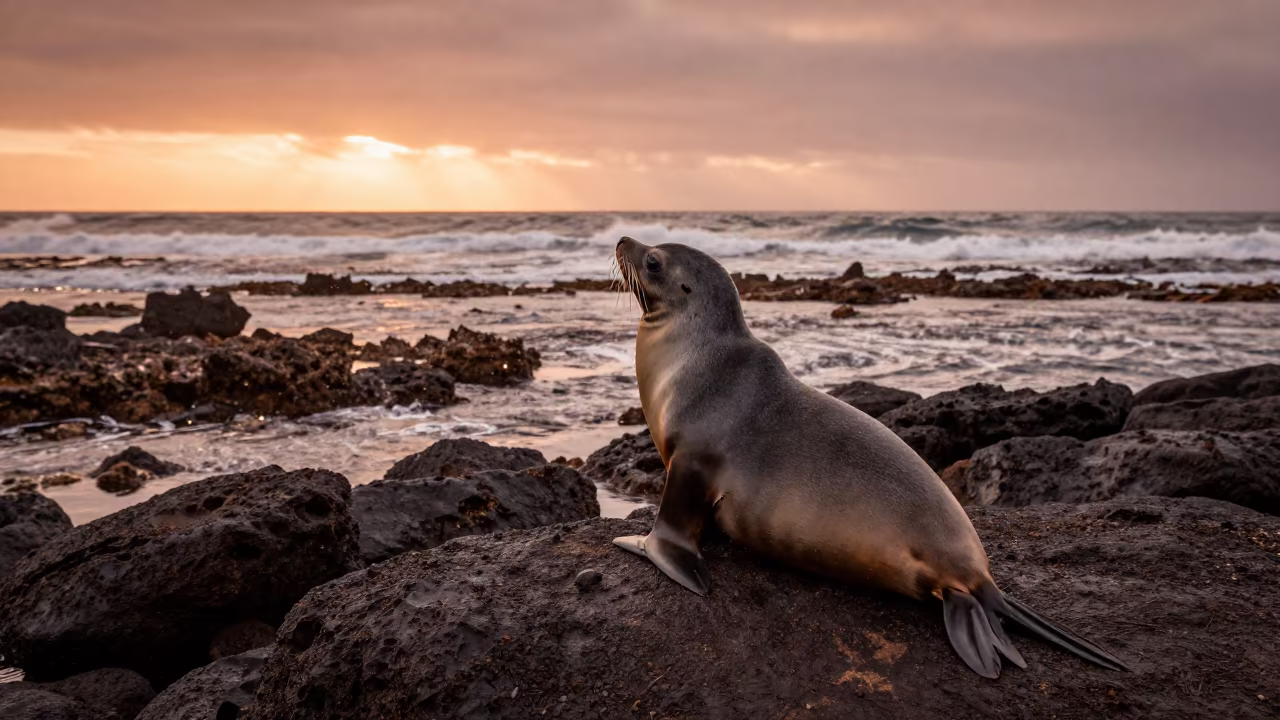 Fur Seal Pup on Australian Beach Before Dusk in above a cold-water reef edge in Australia