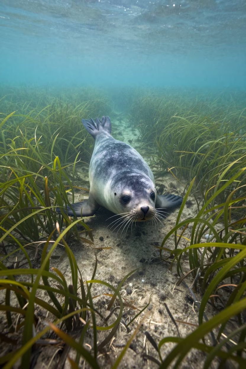 Fur Seal Pup in Hokkaido Seagrass Channel in along a seagrass channel near the coast in Hokkaido