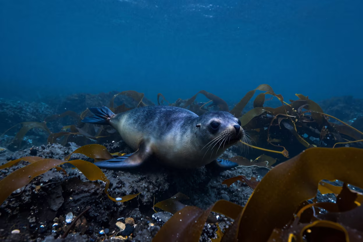 Fur Seal Pup Amid Kelp in Queensland Twilight in through kelp fronds beside a rocky shelf in Queensland