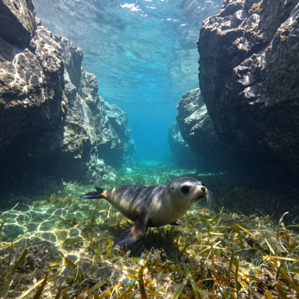 Fur Seal Pup Learning to Swim in Rocky Cove in along a seagrass channel near the coast near Mombasa
